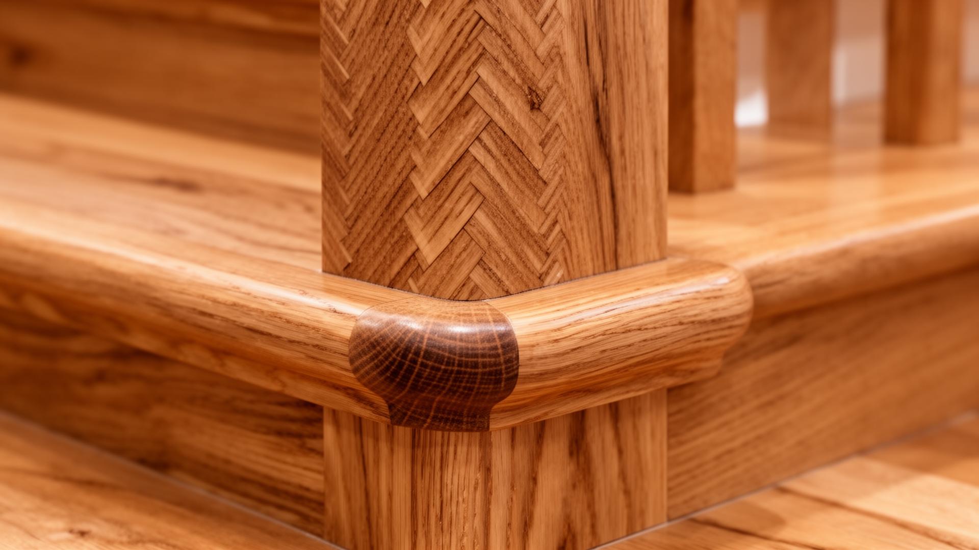 Macro detail of herringbone-pattern timber meeting a curved stair nosing