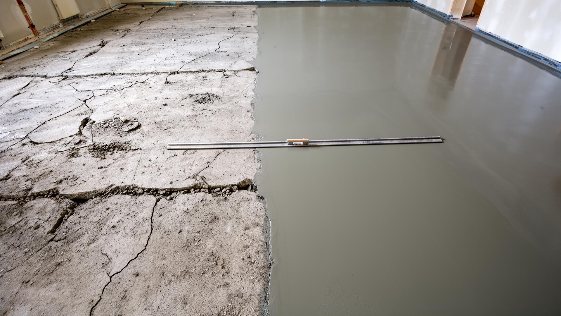Half rough cracked concrete subfloor and half glassy smooth newly cured self-levelling compound
